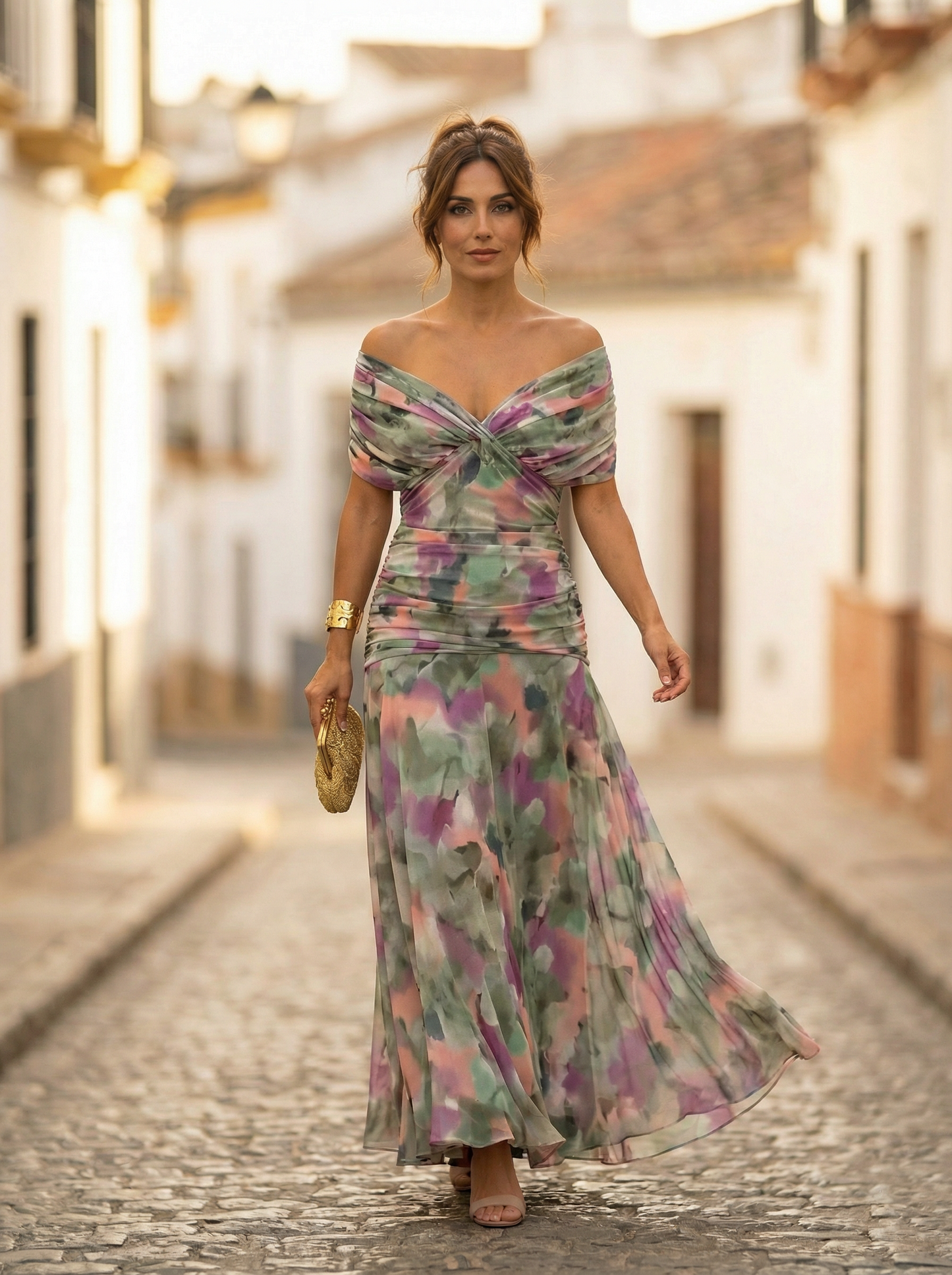 Leo | Vestido largo fruncido para mujer con cuello en V elegante | Boda