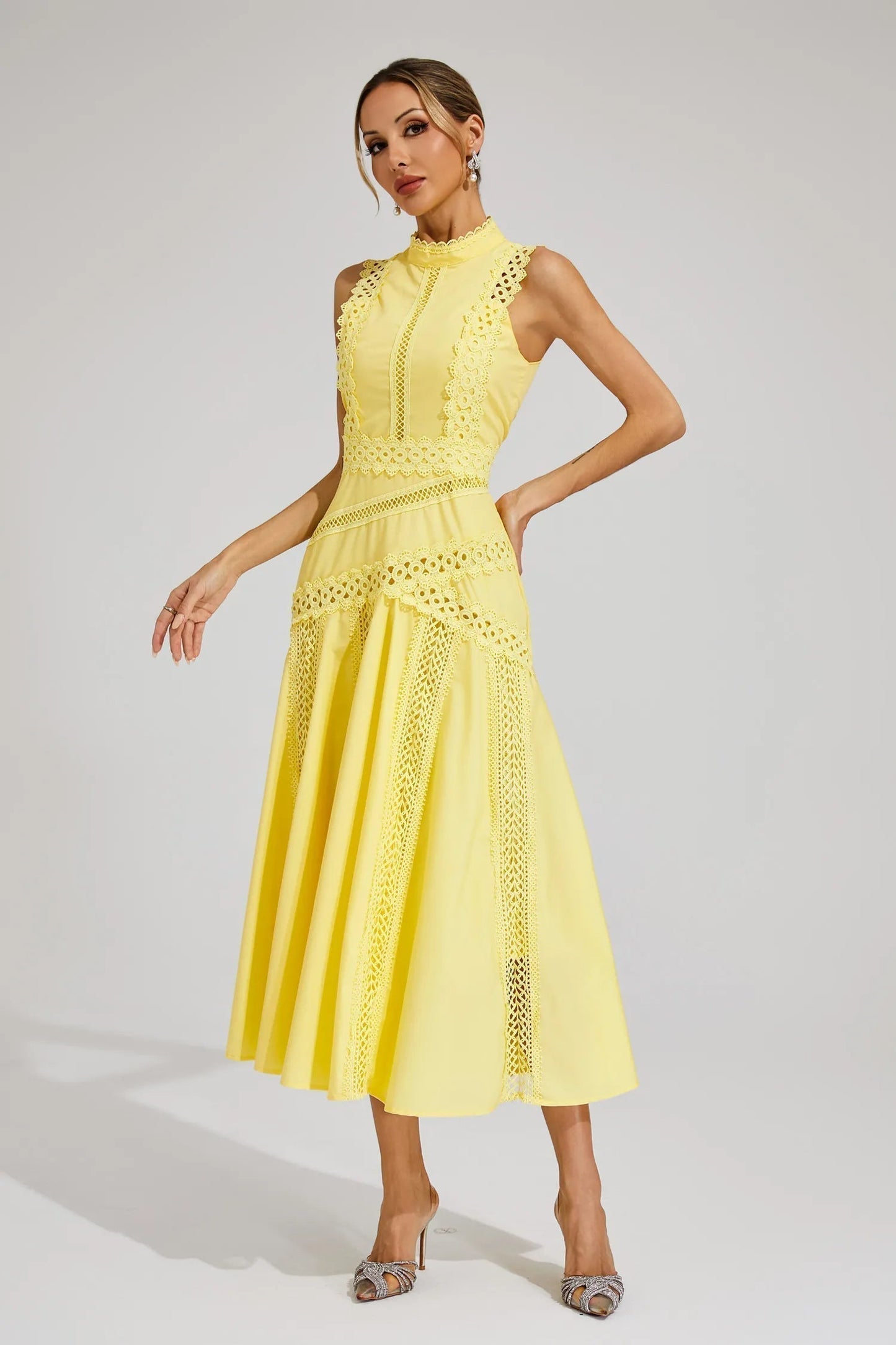 Selmara | Vestido midi para mujer de encaje sin mangas estilo boda
