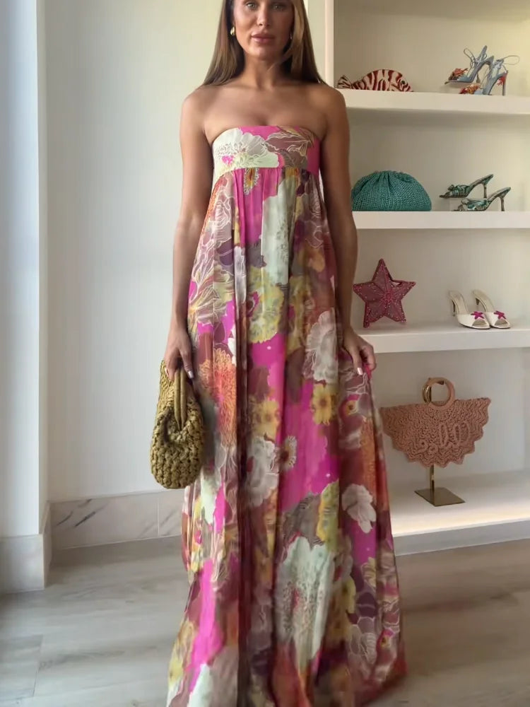 Lurevia | Vestido maxi para mujer con flores y sin tirantes estilo boda