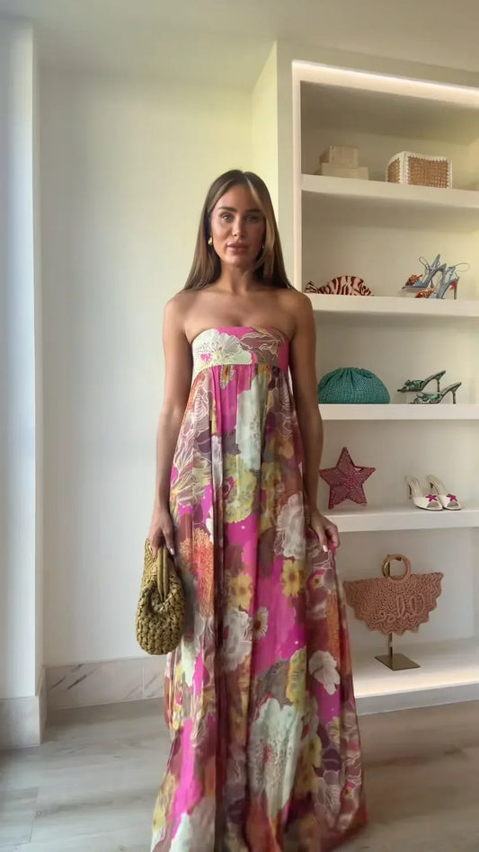 Lurevia | Vestido maxi para mujer con flores y sin tirantes estilo boda